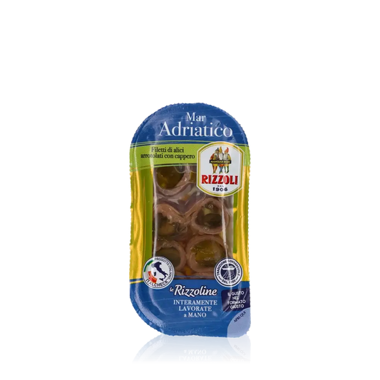 Rizzoli Sardellen mit Kapern in Verpackung, Fischspezialität.