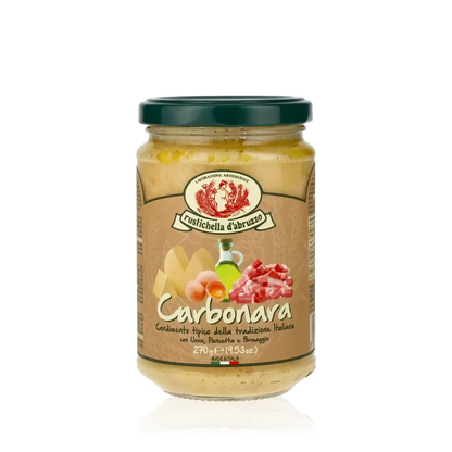 Feinkostglas Rustichella d'Abruzzo Carbonara-Sauce mit Zutatenabbildung.