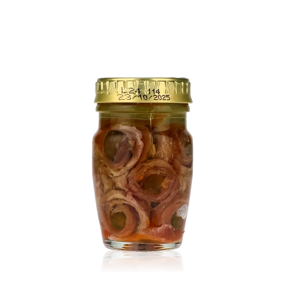 Glas mit Savini Sardellen und Kapern, Fischspezialität.