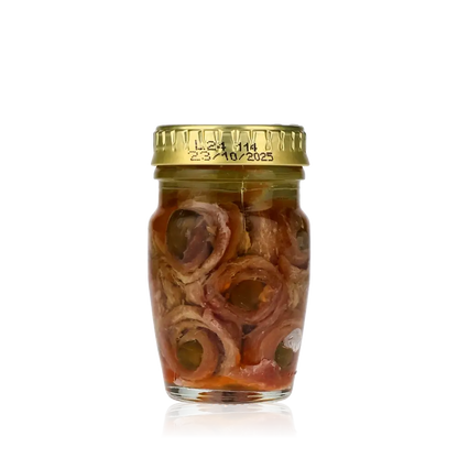 Glas mit Savini Sardellen und Kapern, Fischspezialität.