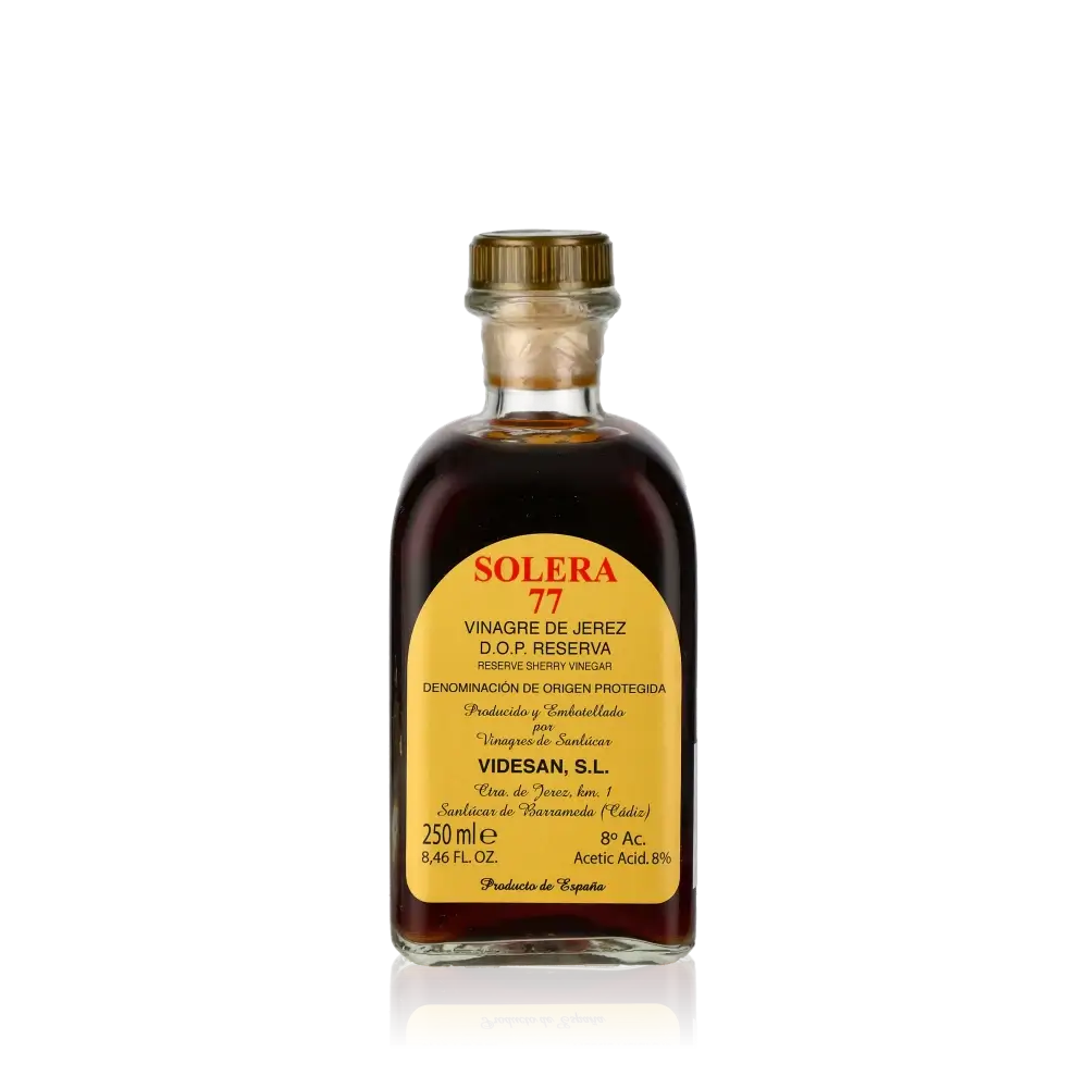 Sherry-Essig Flasche Solera 77, 250ml, gelbes Etikett.