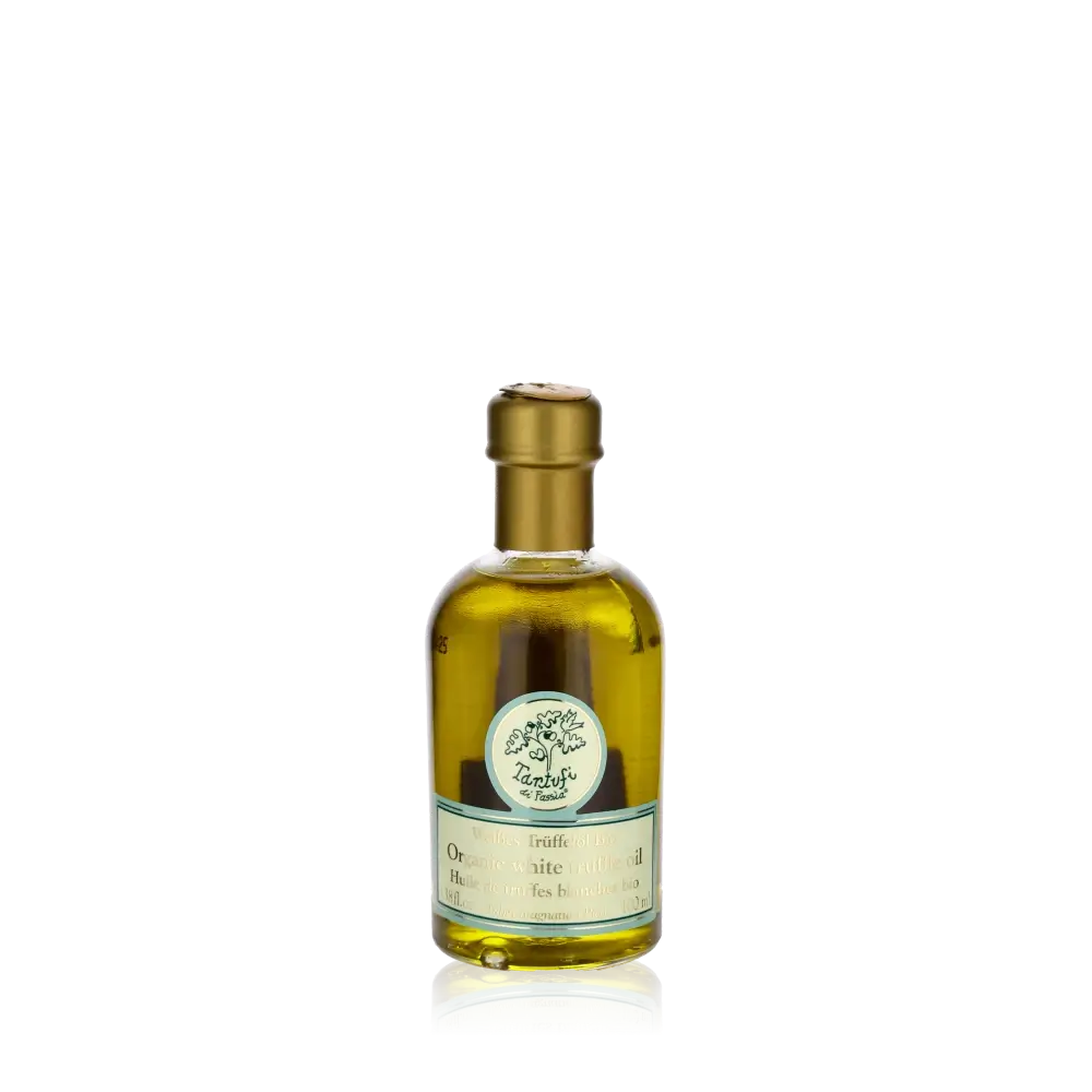 Flasche Bio-Trüffelöl von Ziani, goldene Kappe, Etikett sichtbar.
