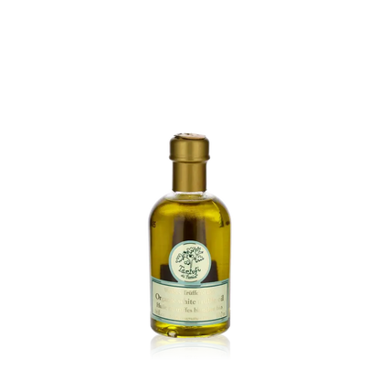 Flasche Bio-Trüffelöl von Ziani, goldene Kappe, Etikett sichtbar.