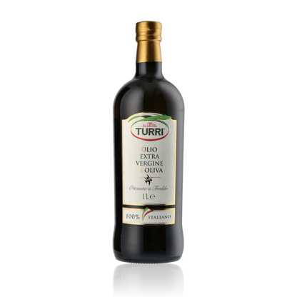 Flasche Turri Olivenöl Extra Vergine vor schwarzem Hintergrund.