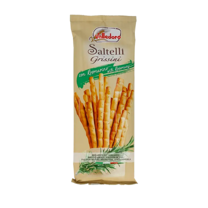 Valledoro Saltelli Grissini mit Rosmarin in Verpackung.