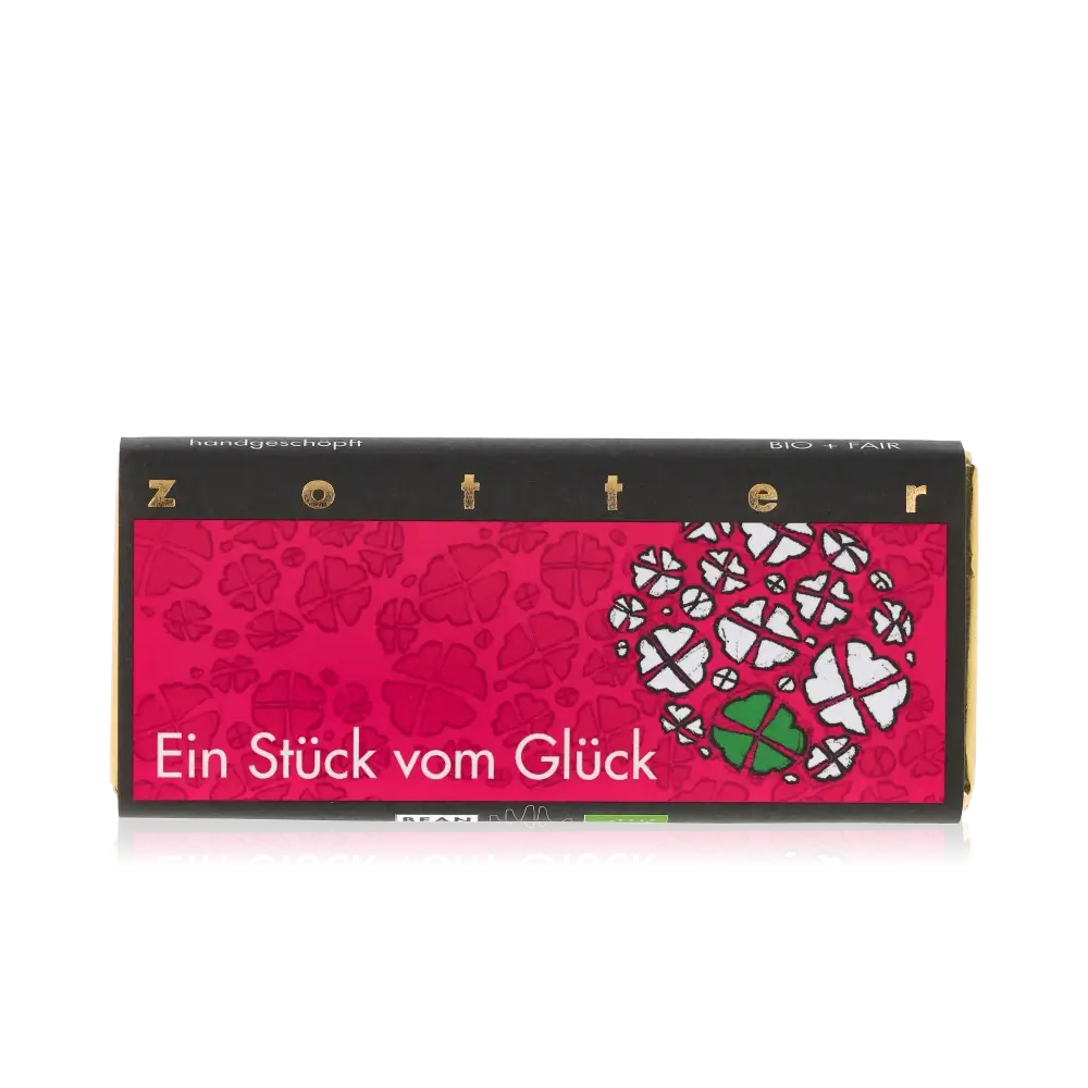 Zotter Schokolade, Ein Stück vom Glück, rote Verpackung.