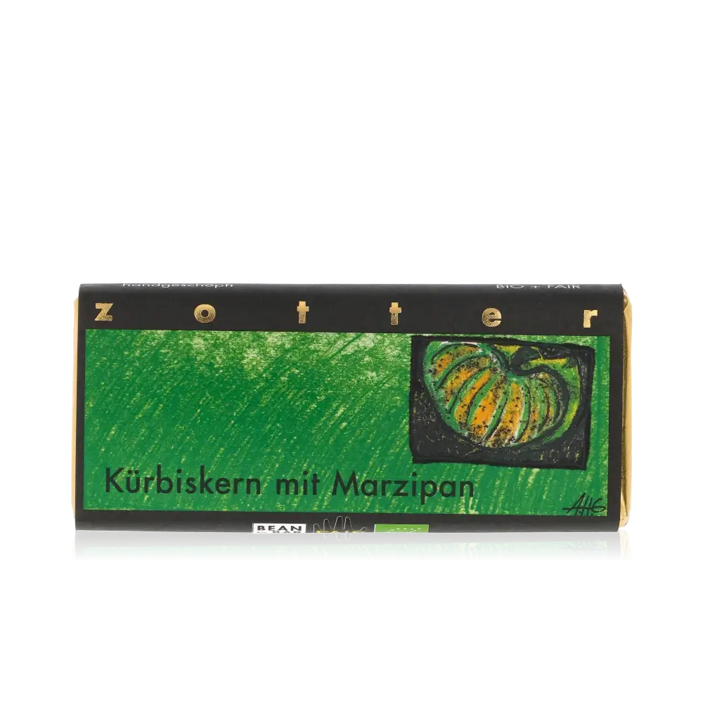 Zotter Schokolade Kürbiskern mit Marzipan Verpackung.