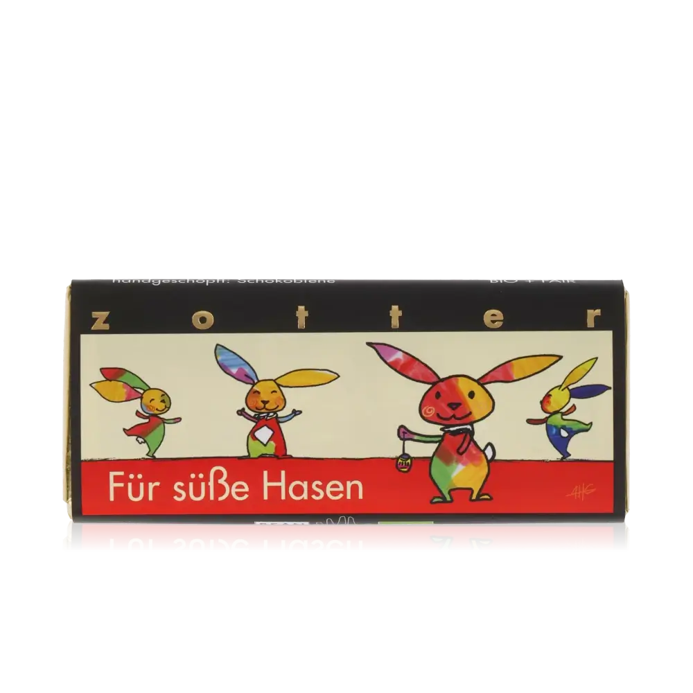 Schokoladenverpackung mit bunten Hasen.