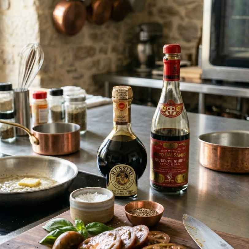 Zwei Flaschen Aceto Balsamico di Modena IGP und DOP stehen in einer Küche