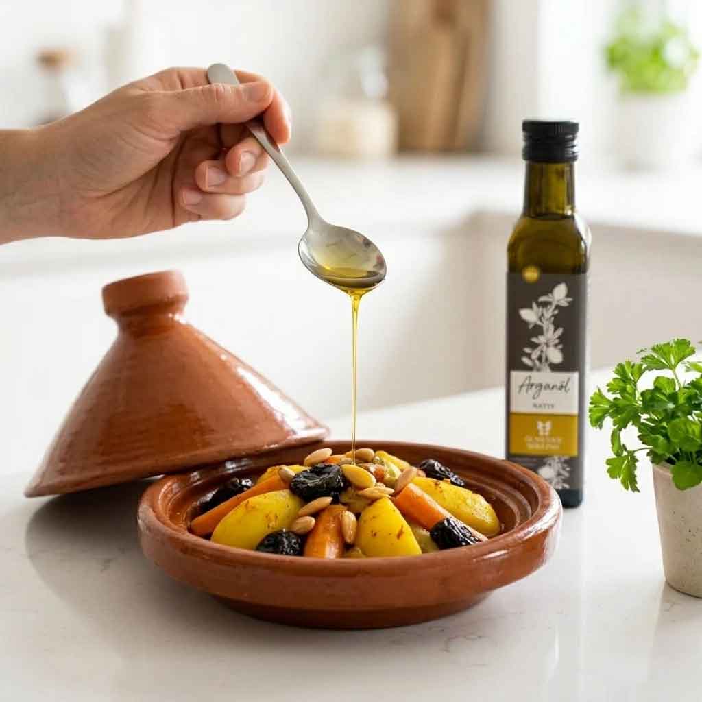 Natives Arganöl wird über eine Tajine gegeben