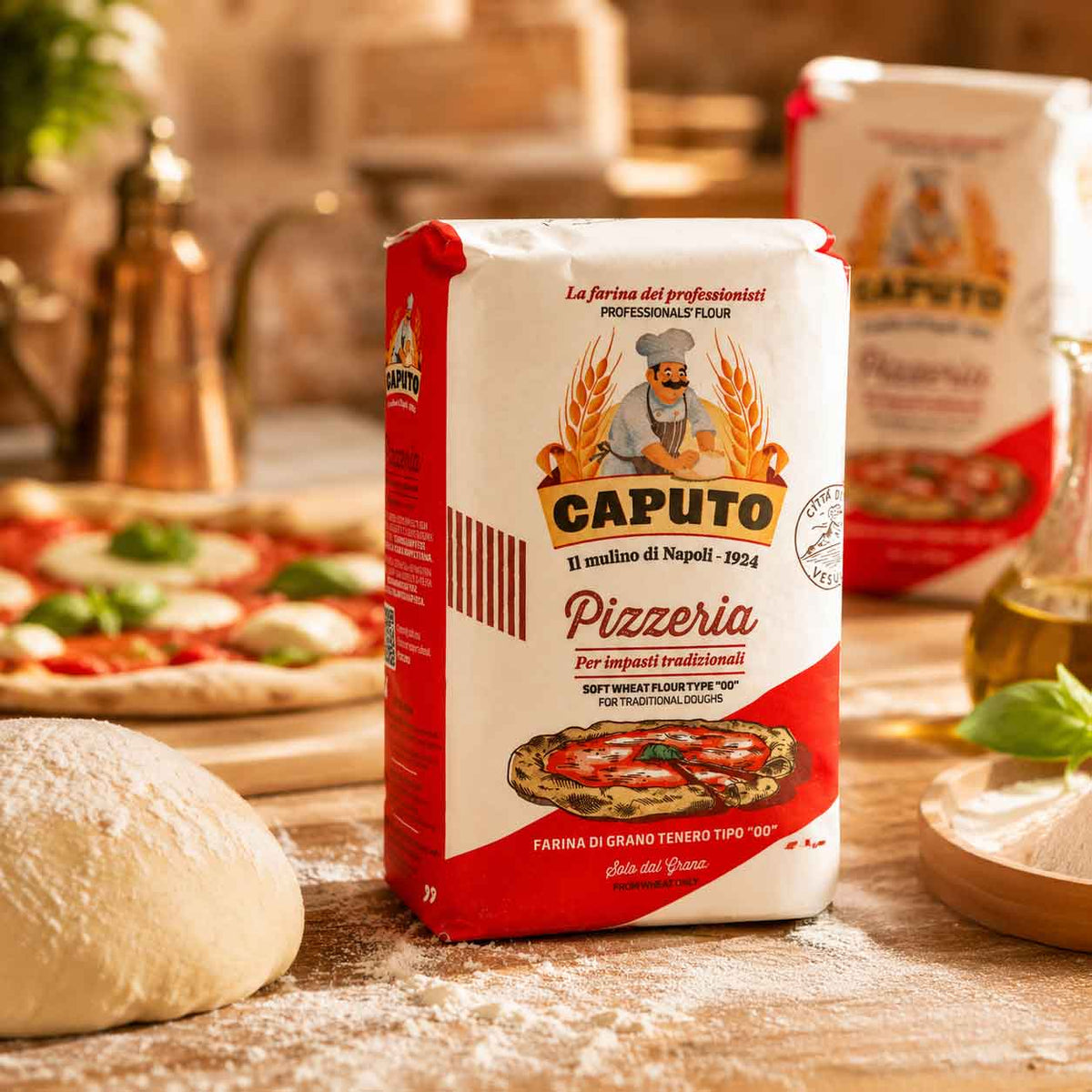 Caputo Pizzamehl neben einer selbstgemachten Teigkugel