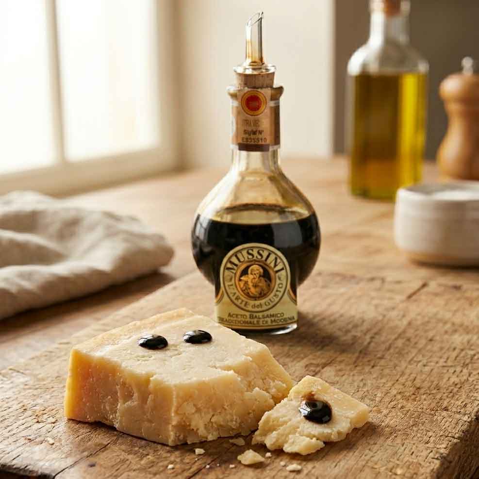 Aceto Balsamico di Modena mit ein paar Tropfen auf einem Stück Parmesan