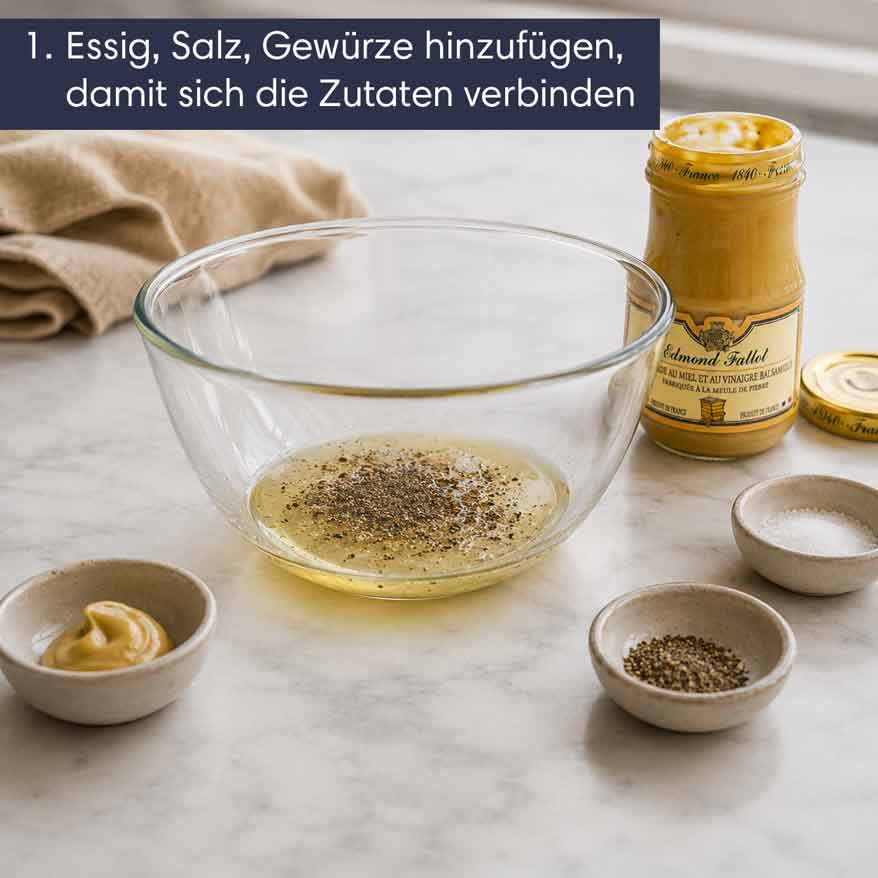 Emulsion Schritt 1: Essig, Salz, Gewürze hinzufügen, damit sich die Zutaten verbinden