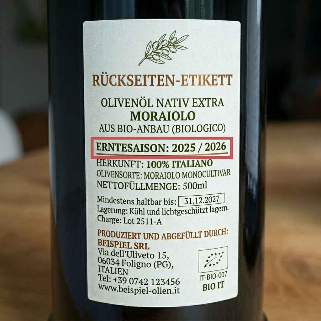 Rückseiten Etikett: Ein Rahmen wurde um die Information des Erntejahres gezogen