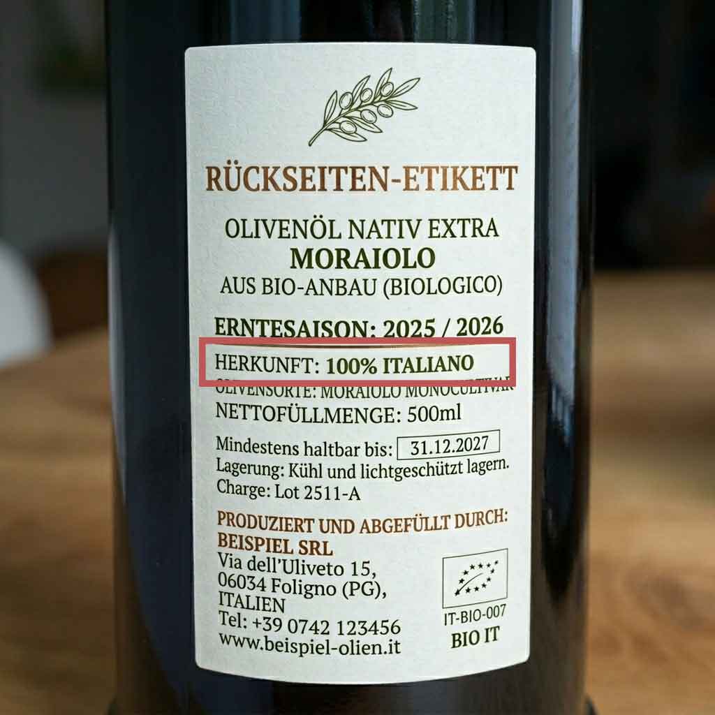 Rückseiten-Eitkett: Ein Rahmen wurde um die Information der Herkunft gezogen.