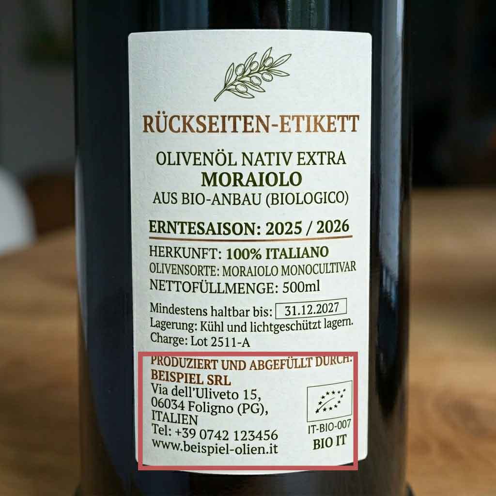 Rückseiten Etikett. Ein Rahmen wurde über die Information "Produziert und abgefüllt durch Beispiel-Firma" gezogen