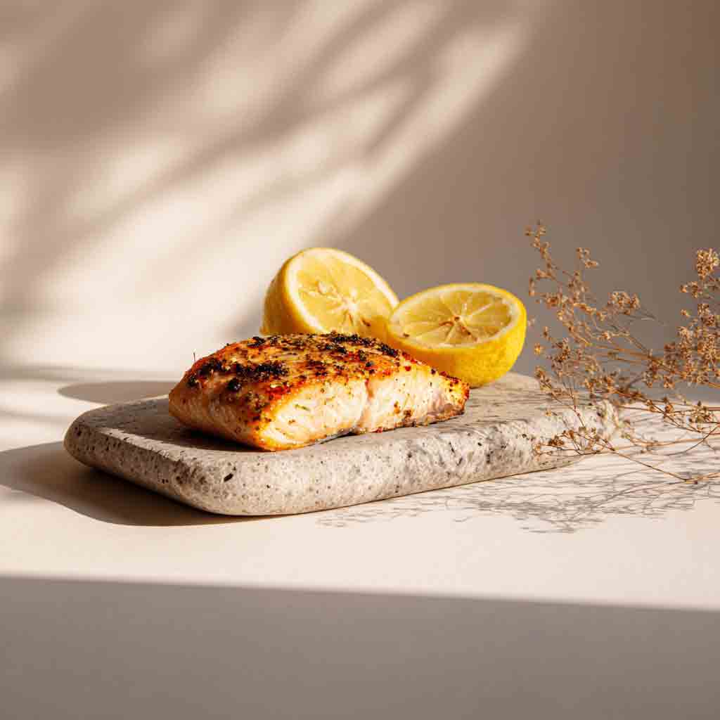 Gebratener Lachs. Fettfisch mit intensiv-fruchtigem Olivenöl würzen.