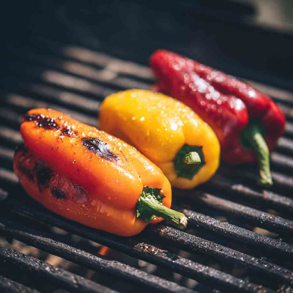 Gegrillter Paprika. Gemüse auf dem Rost mit intensiv-fruchtigen Olivenöl würzen.