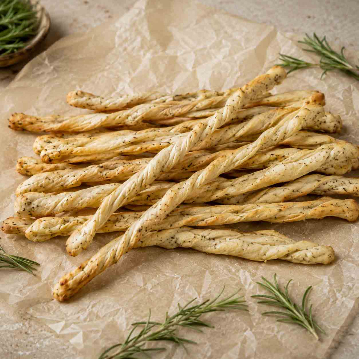 Selbstgemachte Grissini mit Rosmarin und Olivenöl.