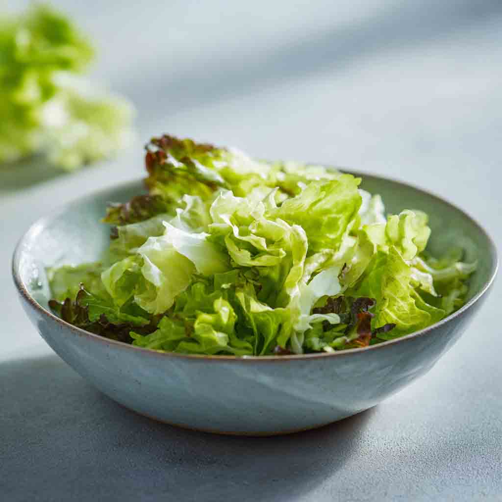 Grüner Salat in Schüssel für leicht-fruchtige Olivenöle.