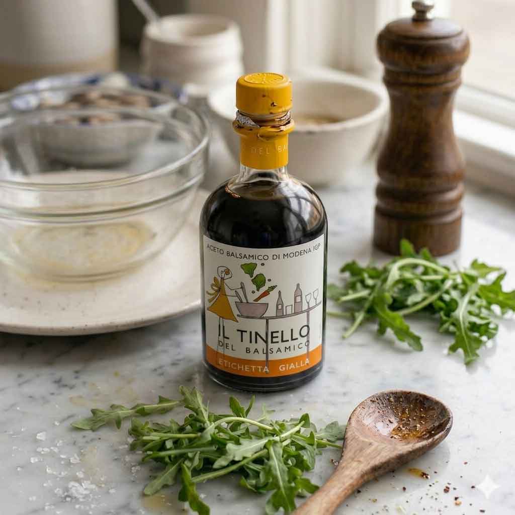 Ein junger frischer und spritziger Aceto Balsamico IGP steht in einer Küche. er wird für Vinaigrette verwendet