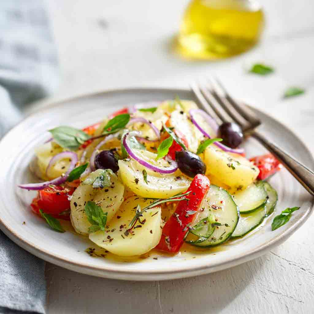 Mediterraner Kartoffelsalat mit Oliven und Zwiebeln
