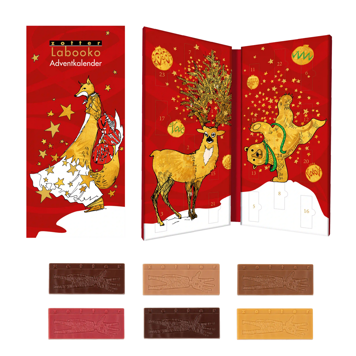 Labooko Adventskalender von Zotter  in weihnachtlichem Design und mit goldenen Applikationen.