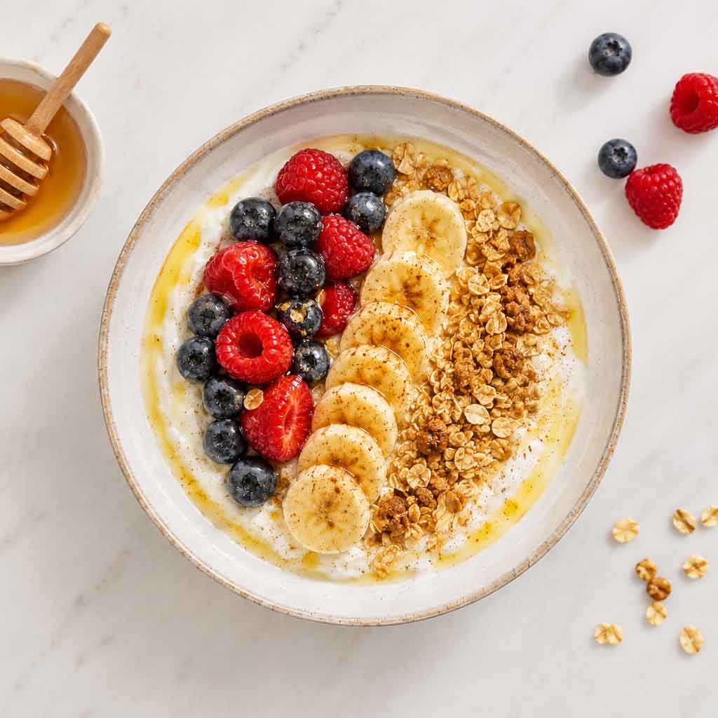 Leinsamen Frühstücks-Bowl mit Joghurt, Banane und roten Beeren