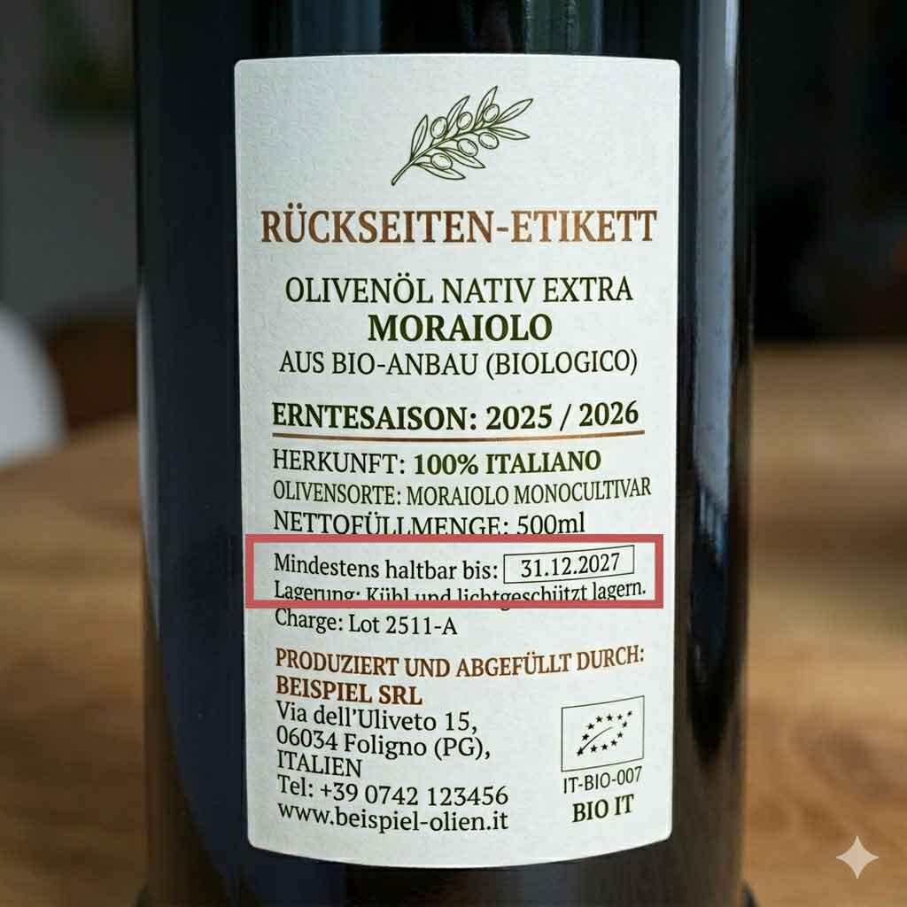 Rückseite Etikett: Ein Rahmen ist um das Haltbarkeitsdatum gezogen