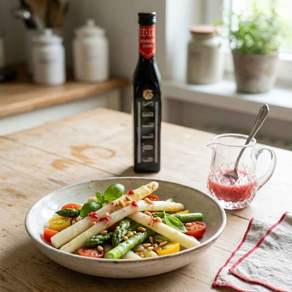 Gölles Himbeeressig vor Spargelsalat