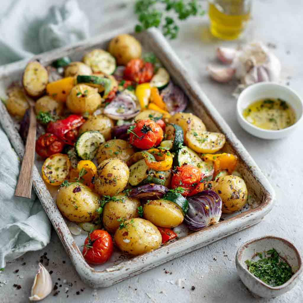 Knusprige Ofenkartoffeln mit Gemüse und Olivenöl auf einem Backblech