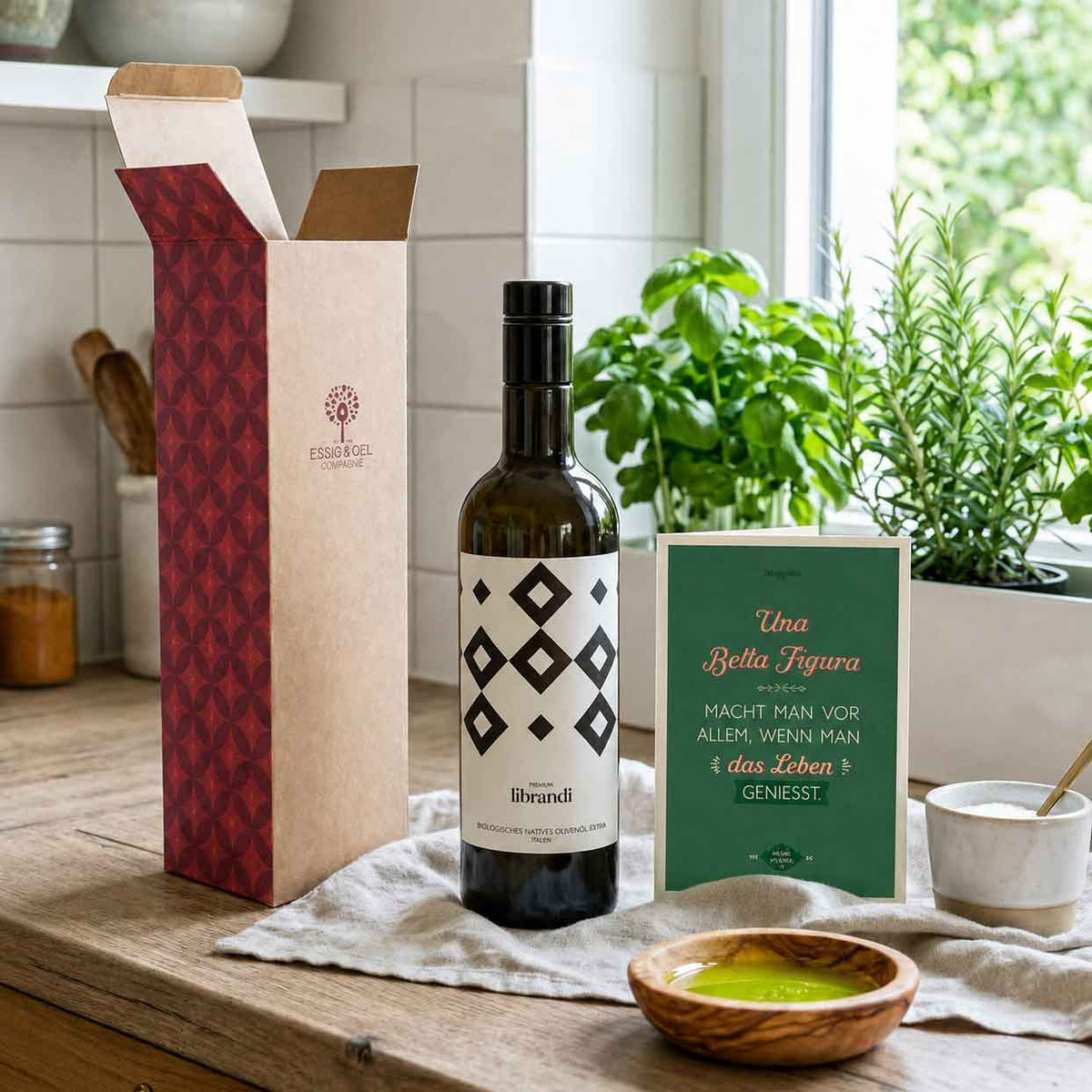 Geschenkschachtel 1 Flasche, Olivenöl und Grußkarte