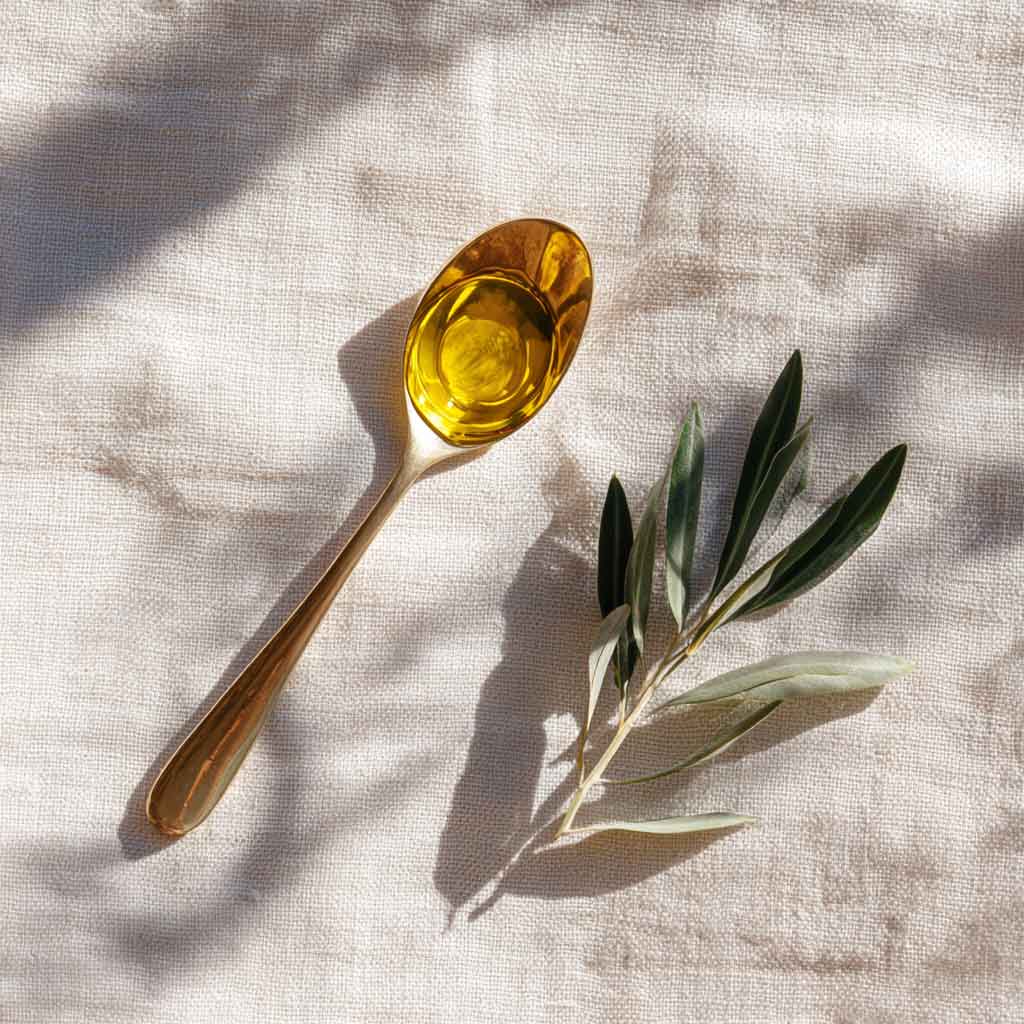 Ein goldener Löffel mit etwas Olivenöl liegt neben einem Olivenzweig