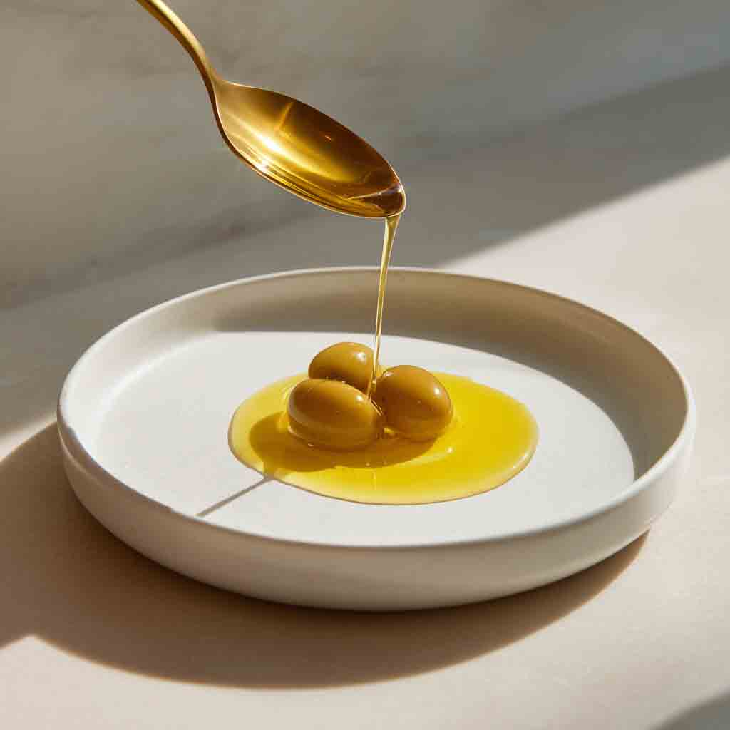 Öl fließt über einen goldenen Löffel auf drei Oliven.