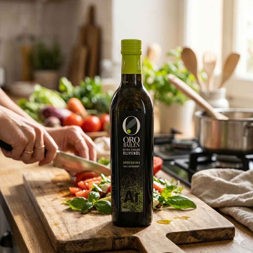 Oro Bailén Arbequina steht auf einem Brett auf dem Salat geschnitten wird.