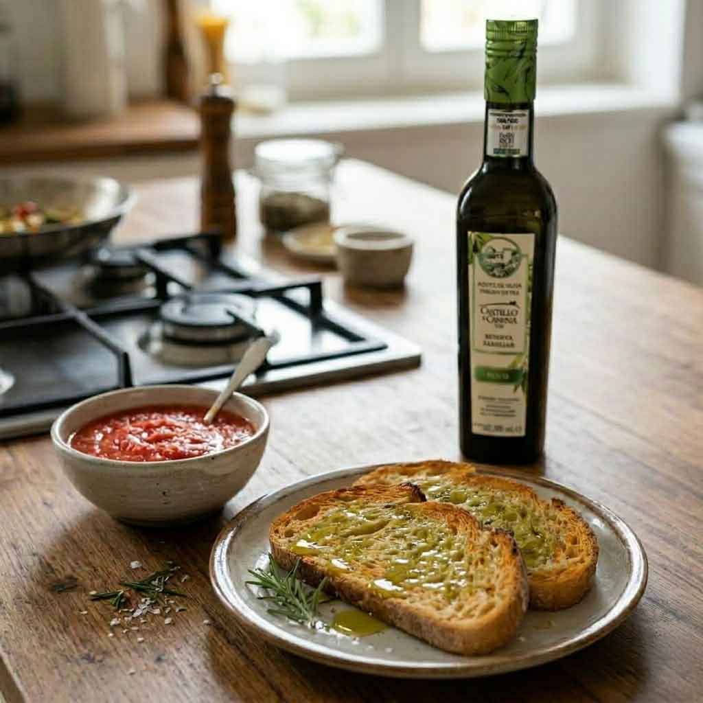 Castillo de Canena Picual: Gutes Olivenöl zu Brot mit pürierten Tomaten für Pan con Azeite