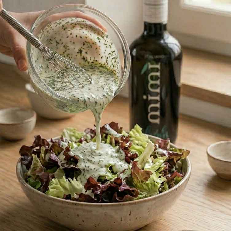 Das Joghurt-Dressing wird über grünen Salat gegeben. Olivenöl von Mimi steht im Hintergrund