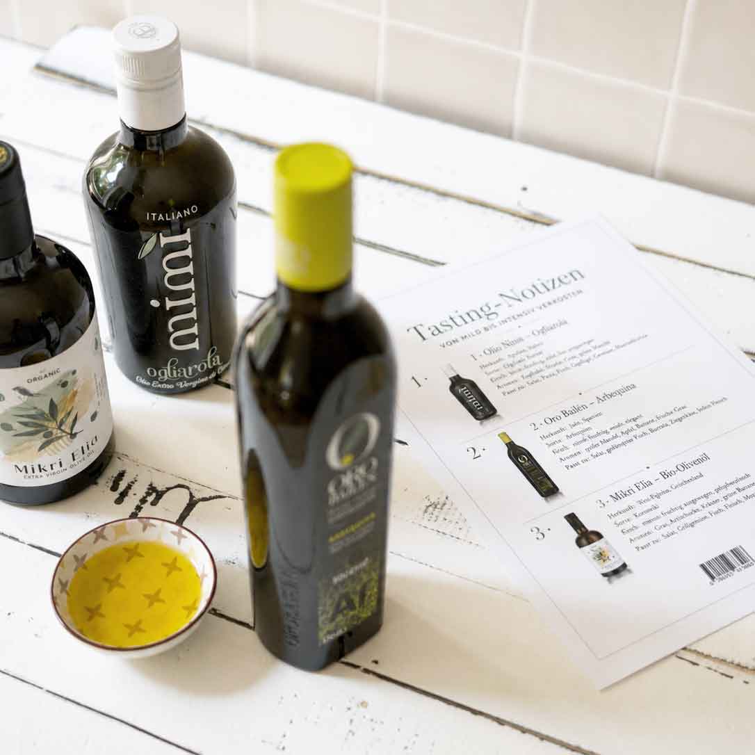 Drei Olivenöle Mimi, Mikri Elia und Oro Bailén mit Tasting-Notizen