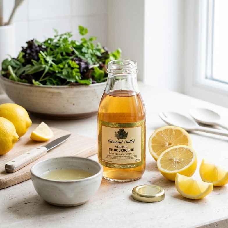 Verjus und  gepresster Zitronensaft vor einem frischen Salat