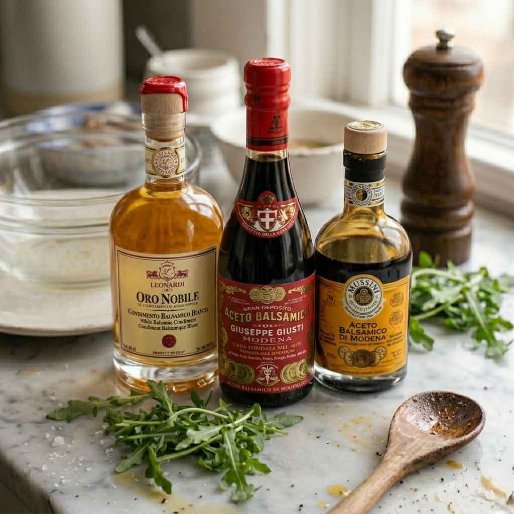 Zwei dunkle Aceto Balsamicos di Modena IGP und ein Condimento bianco in einer Küche