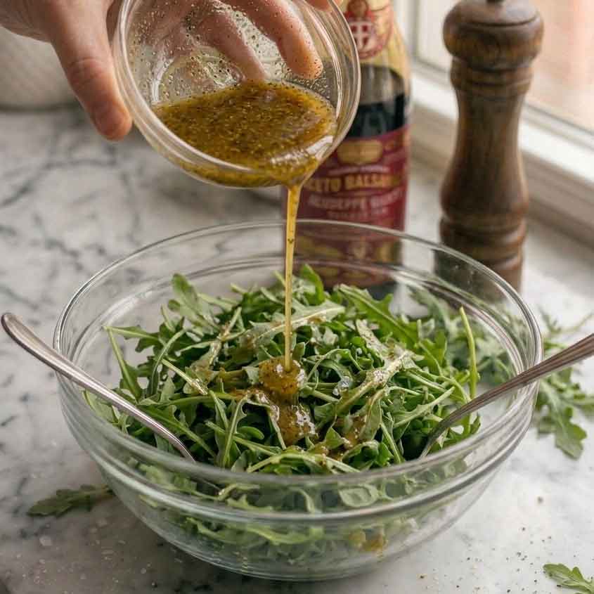 Vinaigrette wird über den Rucola-Salat gegeben