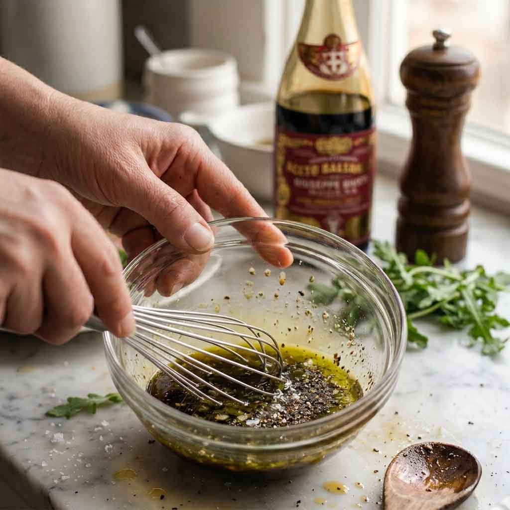 Vinaigrette wird angerührt. Balsamico von Giuseppe Giusti steht im Hintergrund